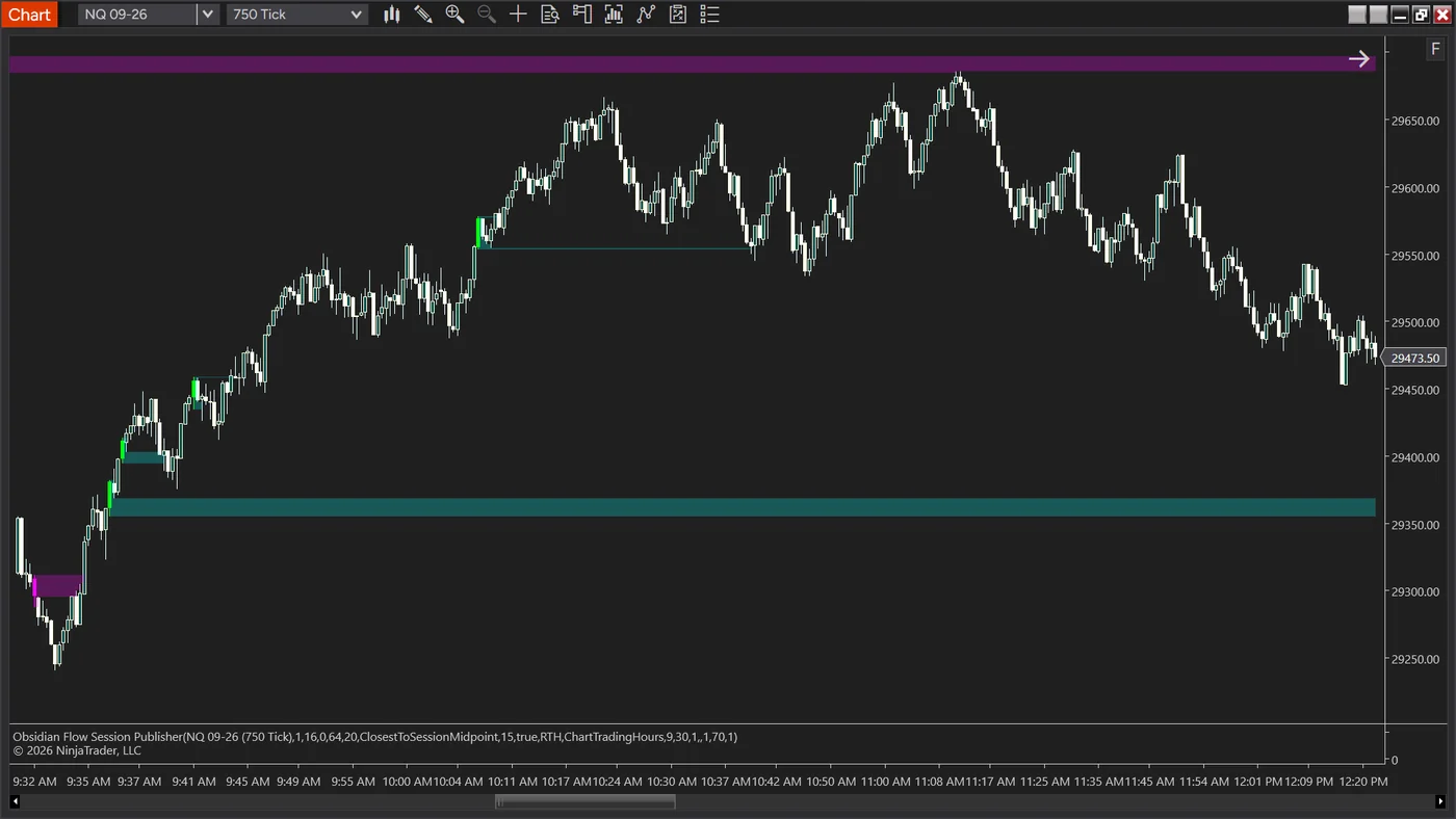An NQ 750-tick chart with a purple zone extending across the top of the chart, a teal zone at 29365 extending right across the full width, and a shorter teal zone at 29555 that stops partway where price returned to it.