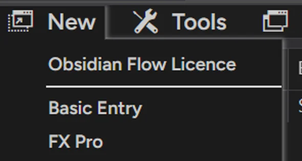 The New menu in the NinjaTrader Control Center, with Obsidian Flow Licence at the top
