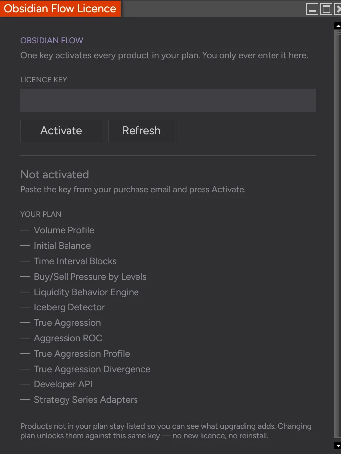 The Obsidian Flow Licence window showing the key field and the products in the catalogue